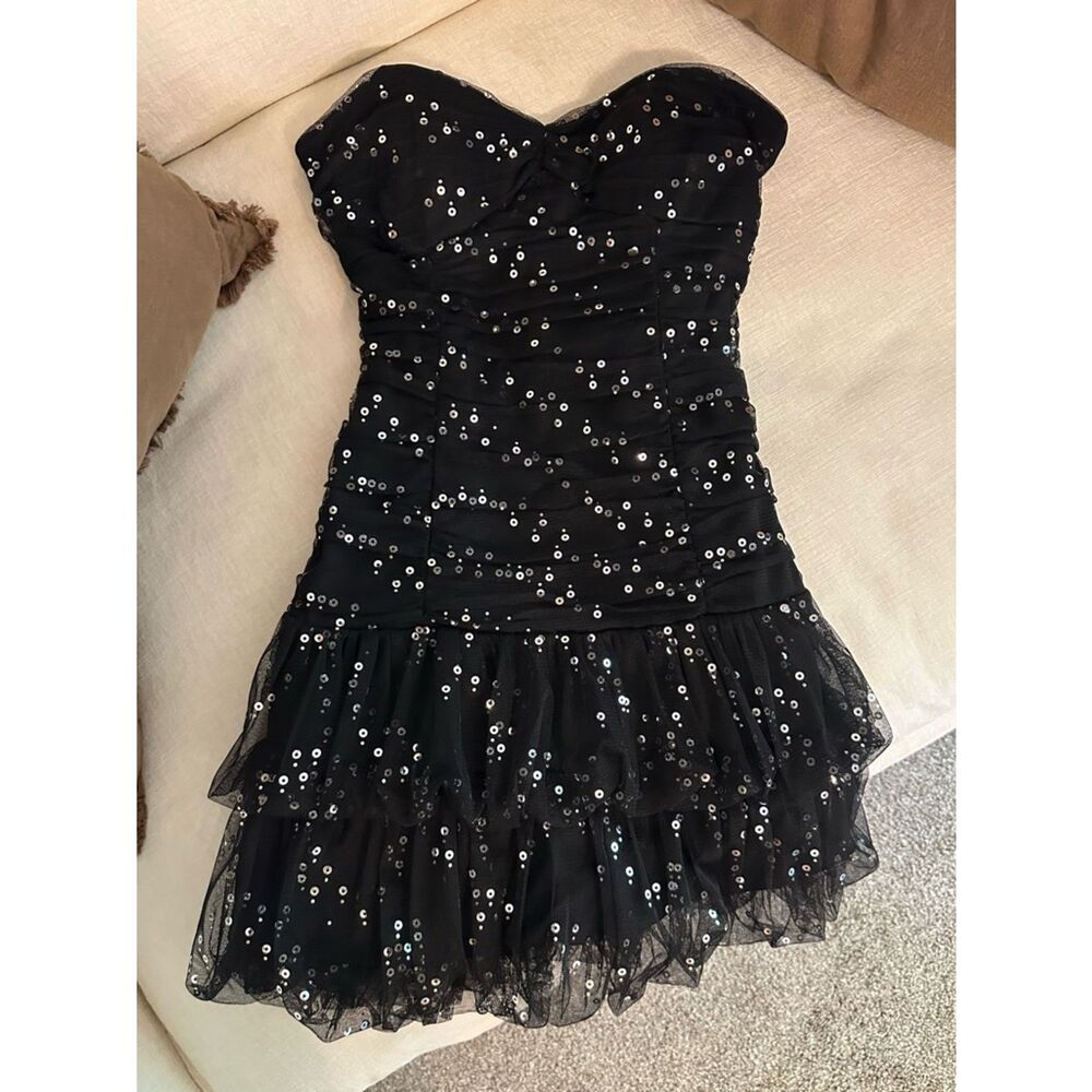 Y2K Hailey Logan by Adrianna Papell Black Strapless Sequin Ruffle Mini Dress